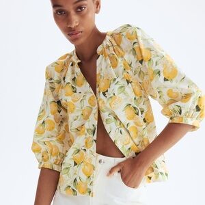 H&M Lemon Print Puff Sleeve Blouse